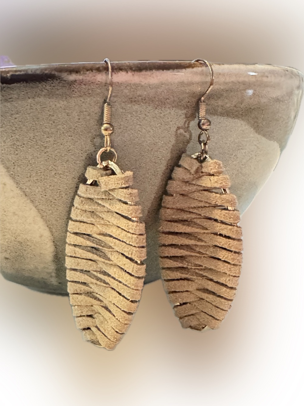 Boho Tan Layered Wrapped Leather Oval Drop Earrings